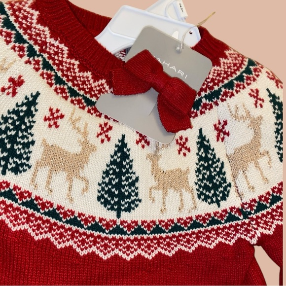 NEW TAHARI KIDS HOLIDAY SET•REINDEER SWEATER•CABLE-KNIT SKIRT•HAIR BOW•S/2T🎄 - Picture 6 of 13